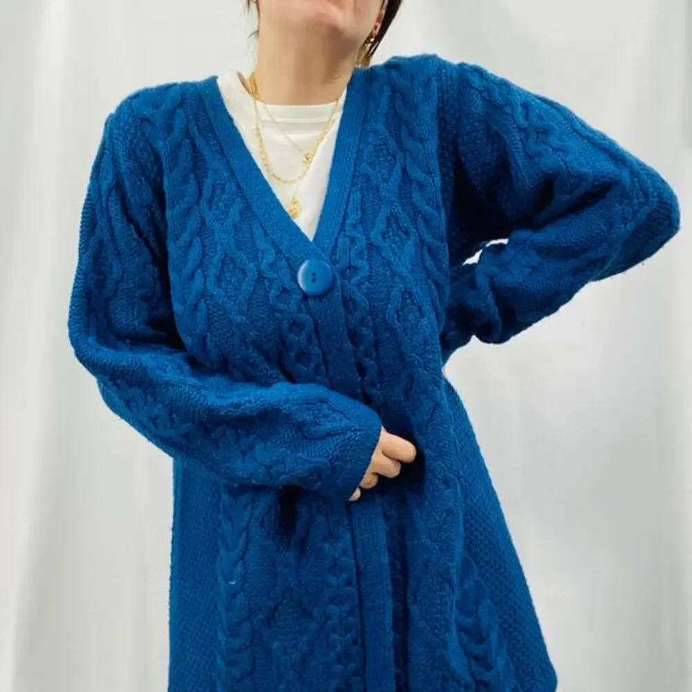 Arancrafts L blue 100% wool cable‎ knit single button long cardigan sweater